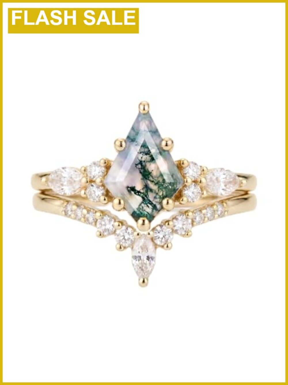 14K Gold Plated Natural Moss Agate Stackable Ring Set for Women